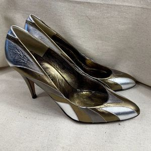 80s Vintage Made in Spain Metallic Bronze and Silver Heels Size 8N Heel 4"